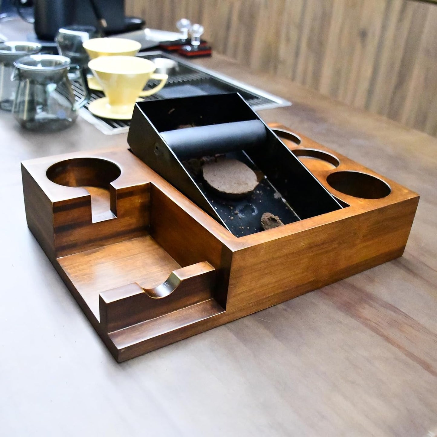 13.4'' Large Espresso Knock Box and Tamping Station, Solid Wood Espresso Accessories Organizer Box for 51MM-58MM Tamper, Distributor, Portafilter, High-Capacity Espresso Coffee Organizer