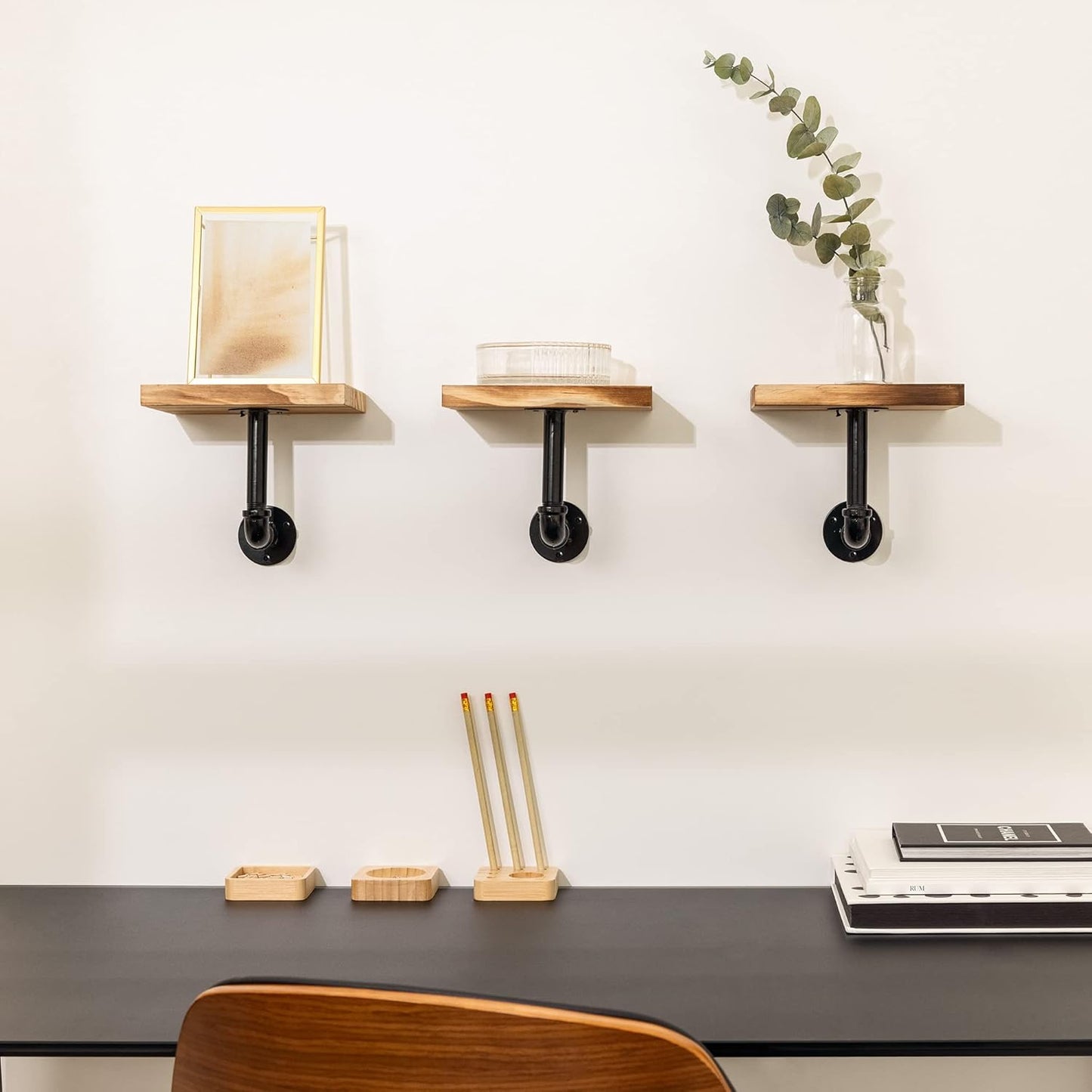 Navaris Industrial Pipe Shelf Set - 3 Small Wooden Shelves with Black Pipe Brackets - 5.9" x 7.9" Wall-Mounted Wood Shelving - Size S, Burnt Brown