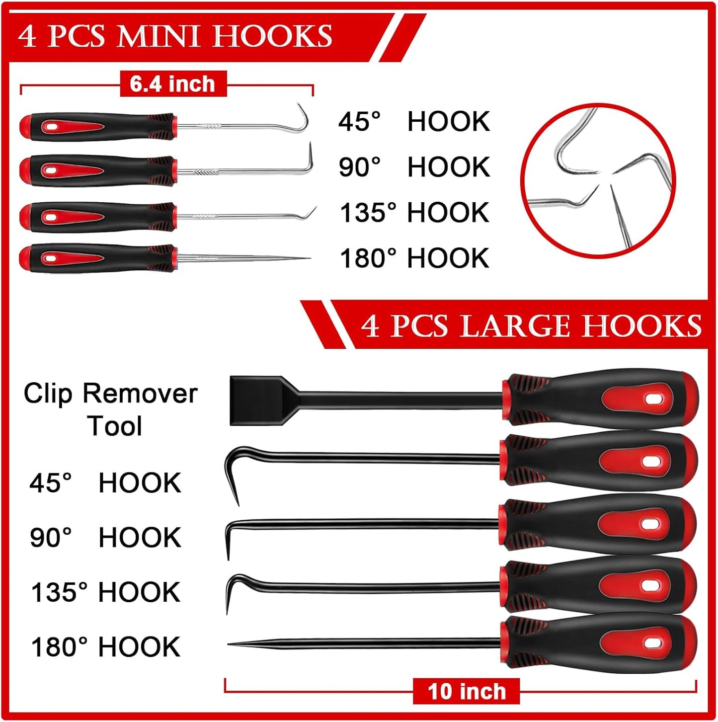 17Pcs Mechanic Hook and Pick Tool Set & Car Trim Removal Kit with Fastener Clip Pliers,Rivet Puller,Magnetic Pickup,Gasket Scraper,Non-Scratch Plastic Pry Tools for Automotive Repair-Red