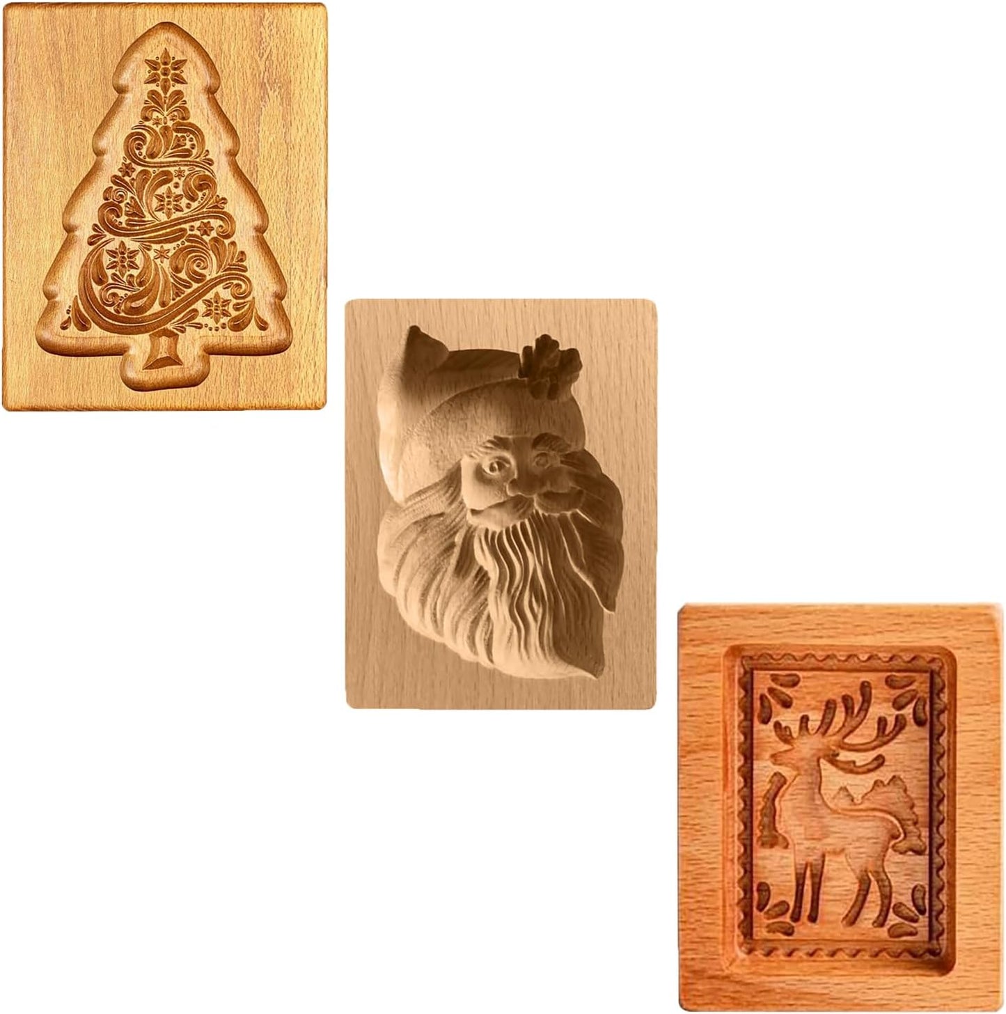 Wooden Cookie Biscuit Mold, 3D Baking Mold, Embossing Craft Decorating Baking Tool, Suitable for Halloween Thanksgiving Christmas Kitchen DIY (Xmas-B-3PCS)