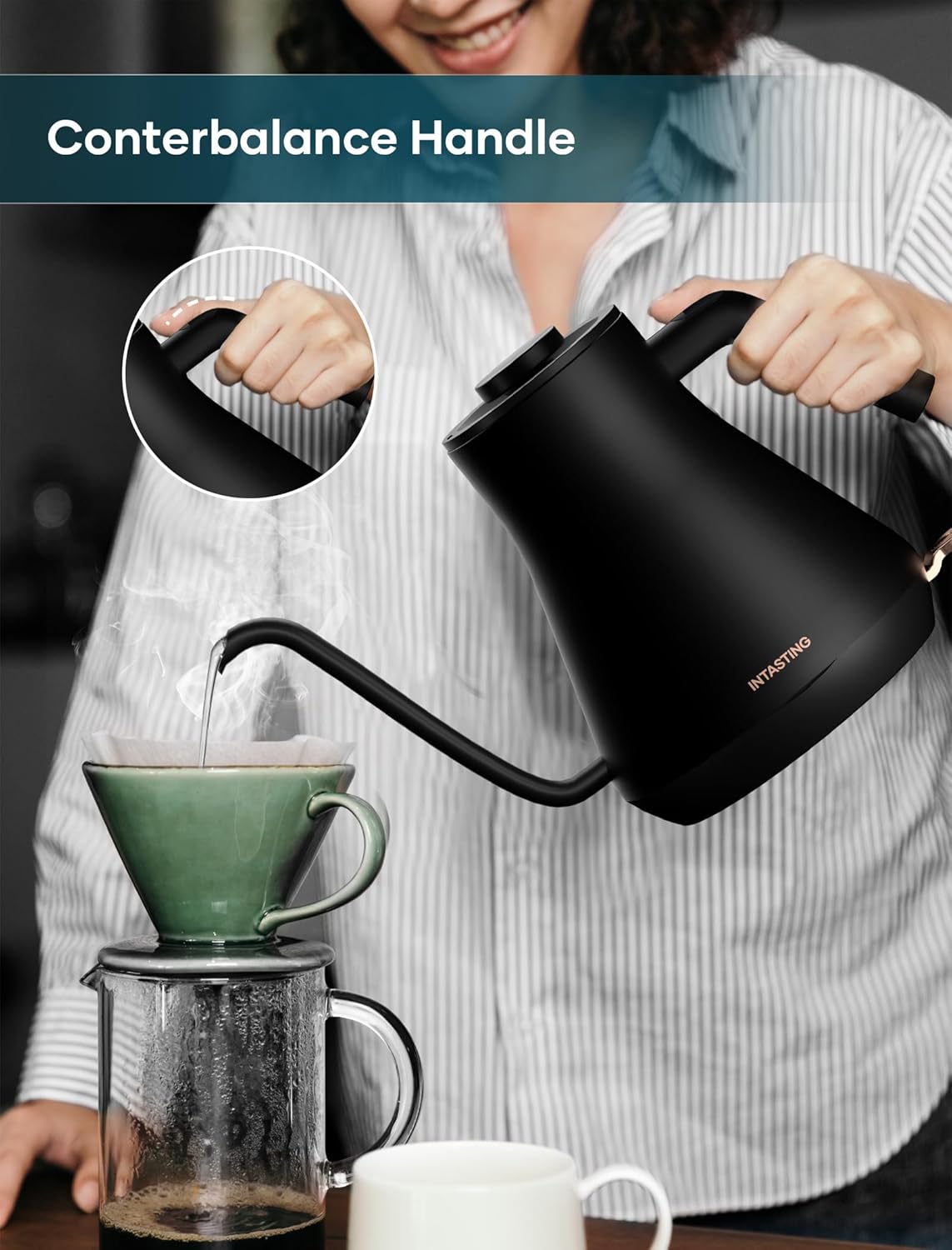 Electric Kettle, INTASTING Professional Gooseneck Kettles, 0.9L/30oz, 0.65mm Ultra-Fine Spout, Precise Water Flow Control, 304 Stainless Steel Inner, Auto Shut-Off, Boil Dry Protection, Matte Black