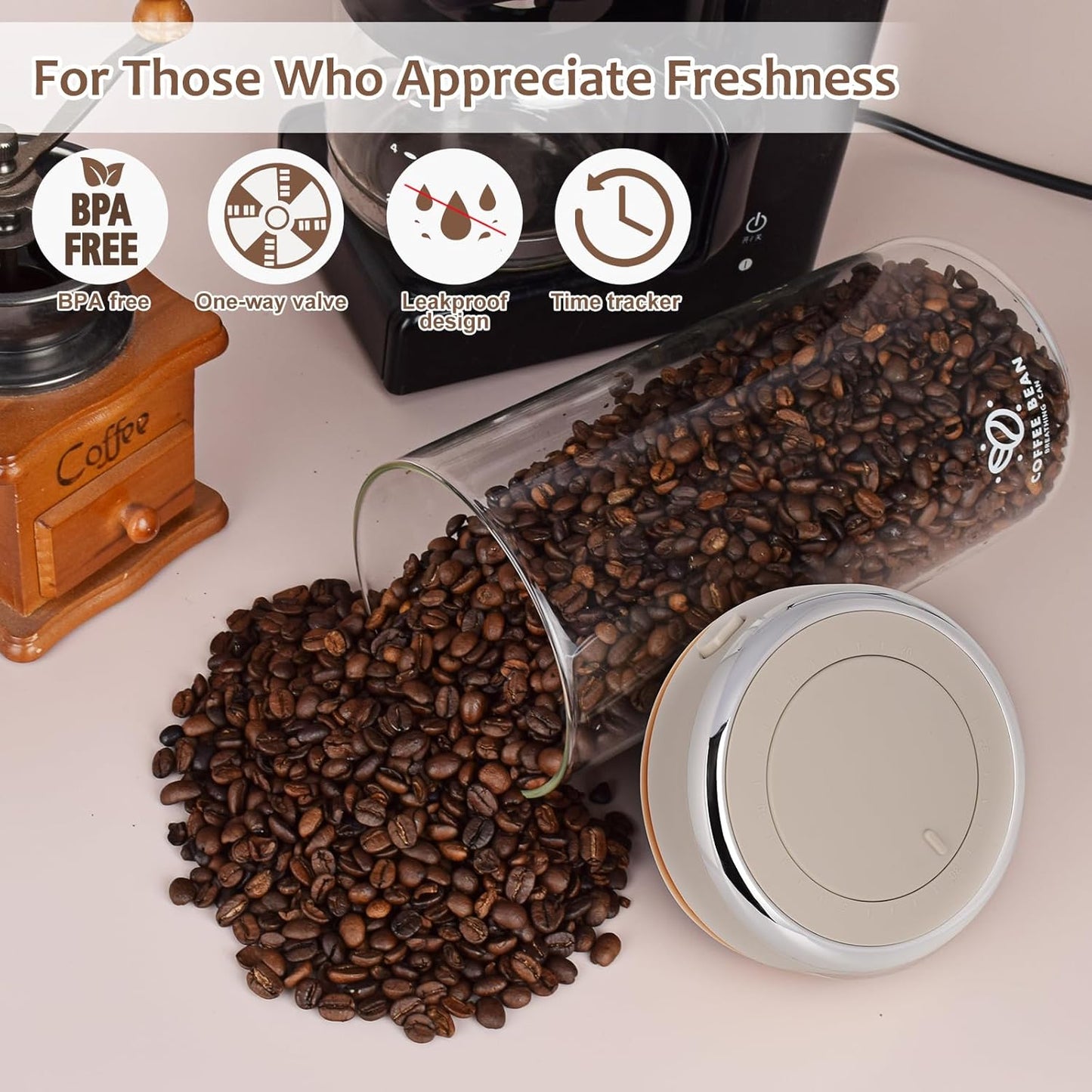 22oz Airtight Coffee Canister With Scoop, Glass Coffee Container Airtight,High Borosilicate Jar With Co2 One-Way Valve, Date Tracker (57fl.oz)