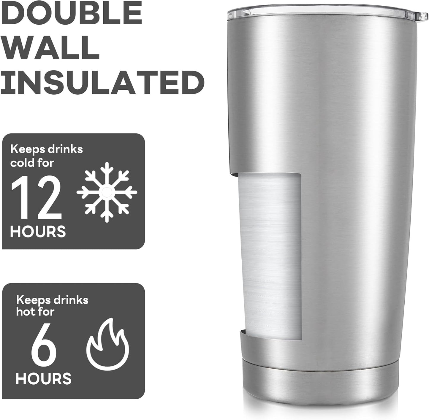 20 oz Tumbler with Lid Stainless Steel Insulated Tumblers Bulk Double Wall Vacuum Cups Powder Coated Travel Mug Keep Drinks Cold and Hot, Stainless Steel, 12 Pack