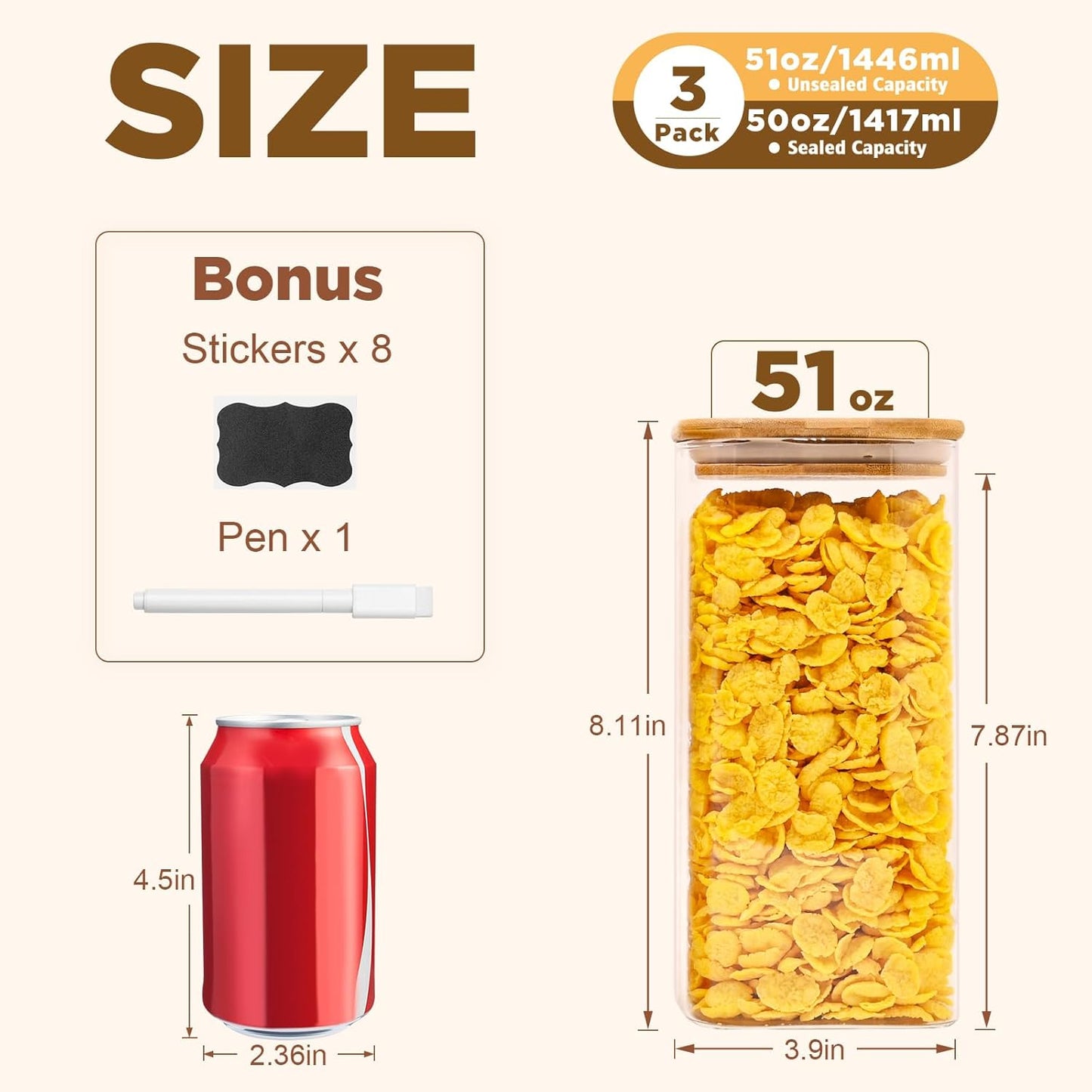 Glass Food Storage Jars Square 51oz, 3 Pack Glass Jars With Bamboo Lids, Kitchen Storage Containers For Spice, Candy, Cookie, Storage For Pantry Organizers