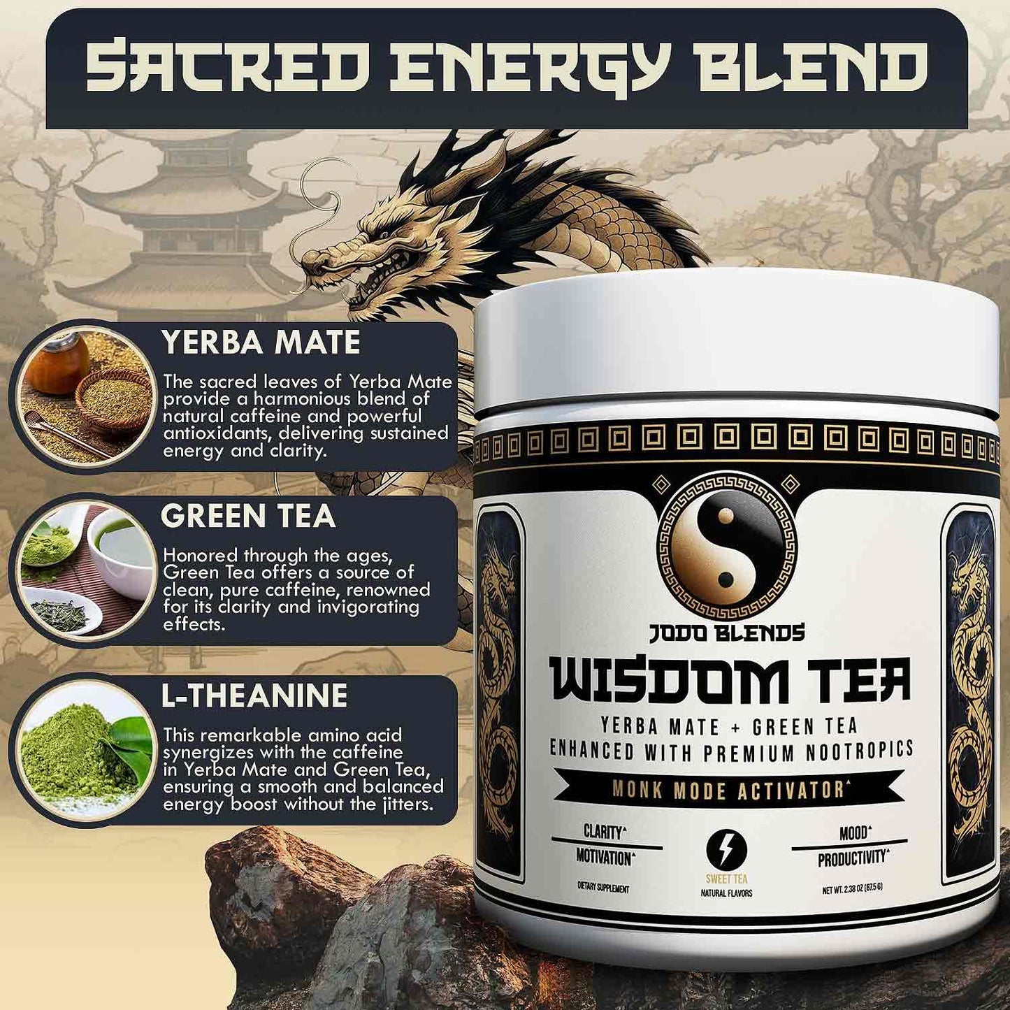 Yerba Mate Brain Tea Powder for Men - Daily Nootropic Drink for Clean Energy, Focus & Mood Support | Powered by Citicoline, L-Theanine, L-Tyrosine & Lion’s Mane | Wisdom Tea - Sweet Tea - 30 Servings