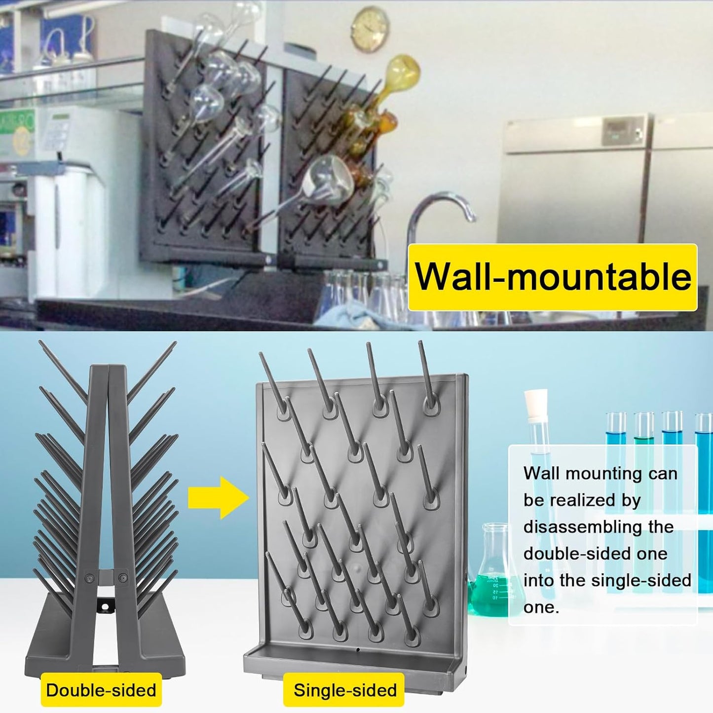 54 Pegs Lab Drying Racks - Double- Sided Lab Supply Pegboard Bench,Detachable PP Test Tube Drying Rack