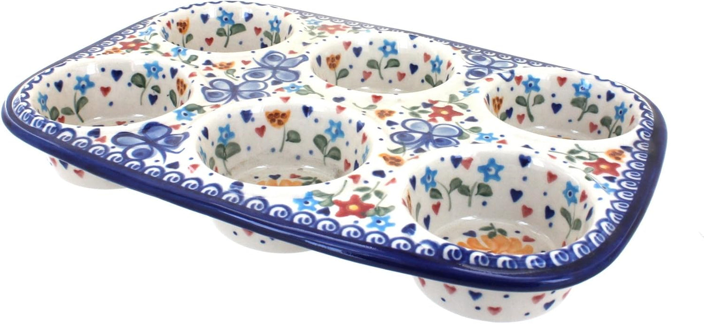 Blue Rose Polish Pottery - Yellow Butterfly Muffin Pan - 12" x 8" - Ceramic Baking Dish, 6-Cup Muffin & Cupcake Pan