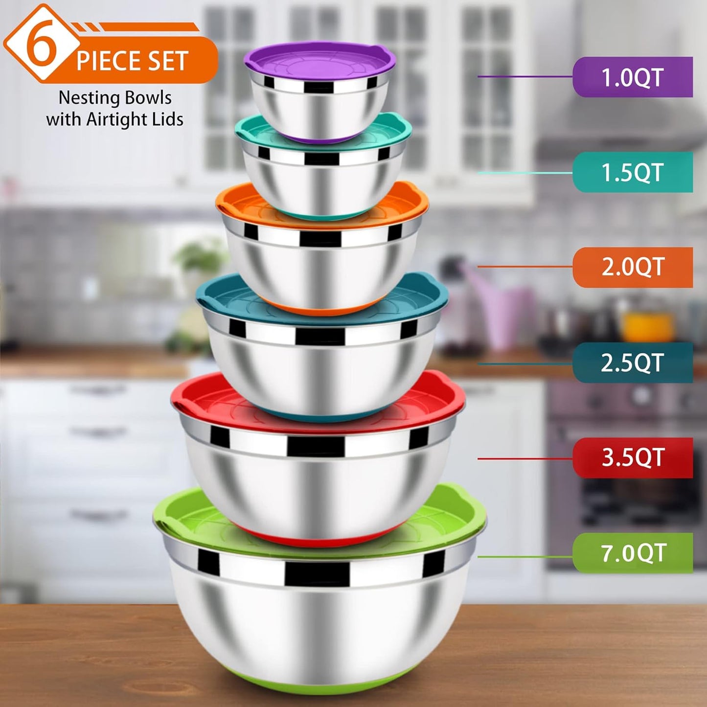 LIANYU Nesting Mixing Bowls Set of 6 with Airtight Lids, Size 7, 3.5, 2.5, 2, 1.5, 1QT, Large Stainless Steel Metal Bowls for Baking Cooking Food Storage, Non-slip Bottom, Colorful