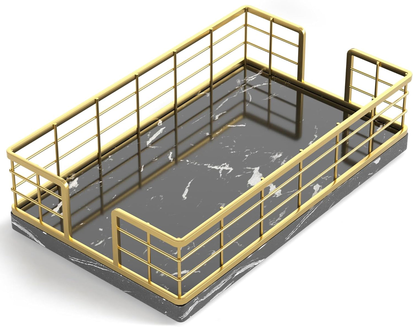 Wican Marble Guest Towel Holder Tray for Bathroom, Napkins Holder for Powder Room Dinning Table Wooden Basket for Disposable Paper Hand Towels Gold and Marble Black