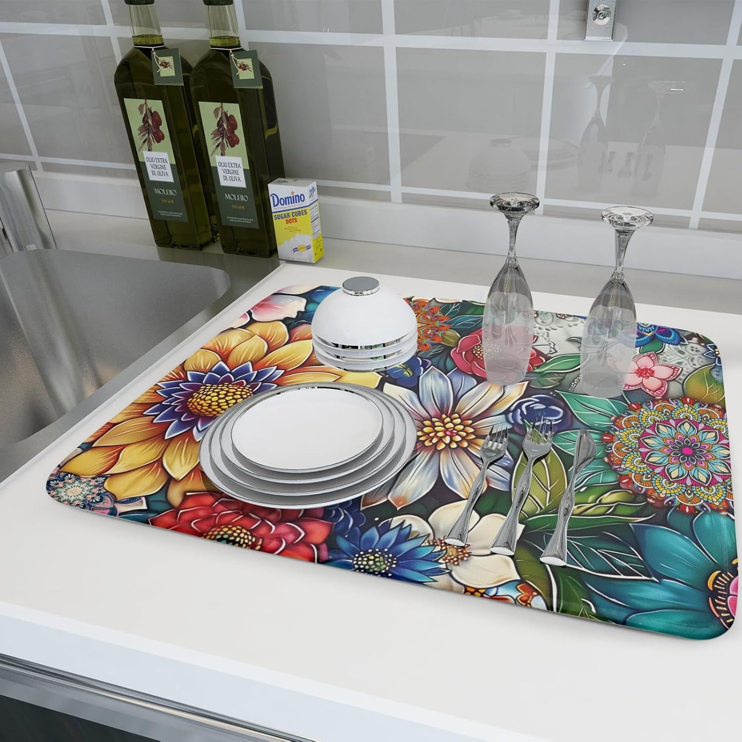 Boho Floral Dish Drying Mat for Kitchen Counter 18x24 Inch Super Absorbent Microfiber Kitchen Drying Mat Bohemian Flower Dish Drainer Rack Mat Reusable Washable Dish Drying Pad for Kitchen Coffee Bar