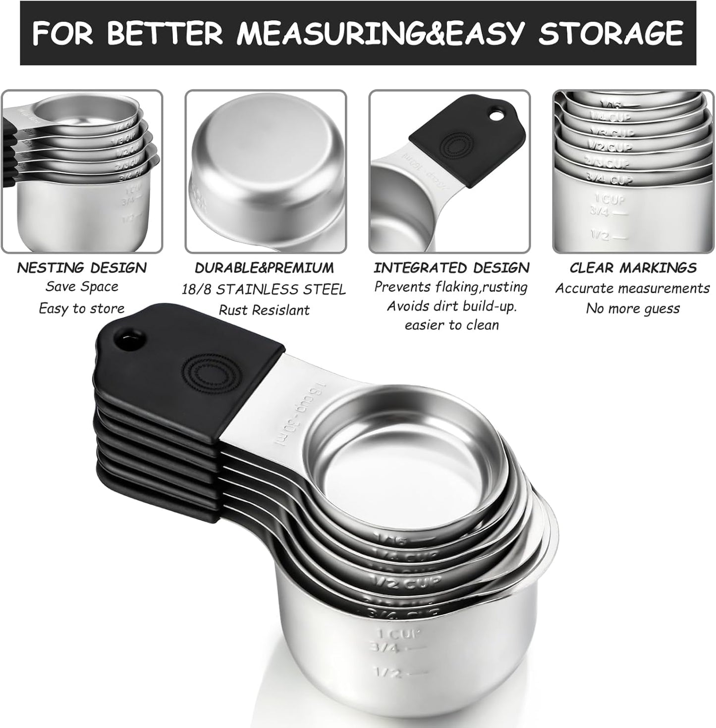 Magnetic Measuring Cups and Spoons Set Stainless Steel Stackable 7 Magnetic Metal Measuring Cup 8 Magnetic Measuring Spoon with Leveler for Dry Liquid Ingredient