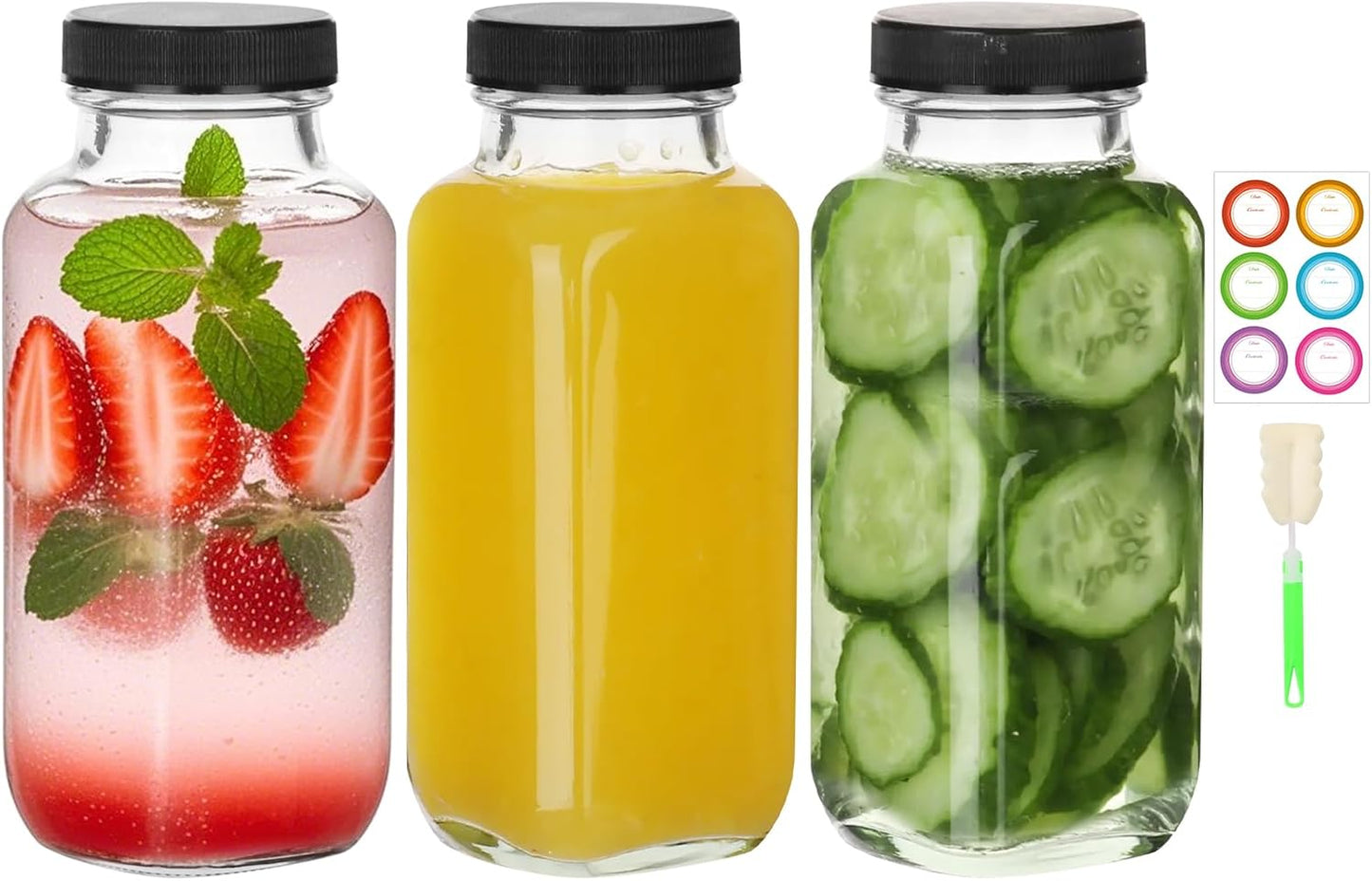 BIGIVACA 8 oz Glass Juice Bottles with Lids,3 PACK Bottles for Juicing,Square Drinking Jars Glass for Coffee,Cola,Milk,Tea in Travel,Work,School