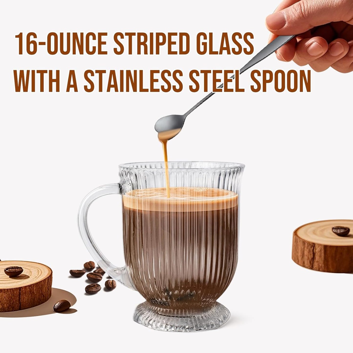 Clear Ribbed Glass Coffee Mugs Set of 4 with Spoon,16 Oz Large Glass Tea Cups with Handle Diner Latte Cups with Footed Base for Hot Beverages,Cappuccino & Espresso Cups, Stylish Drinkware