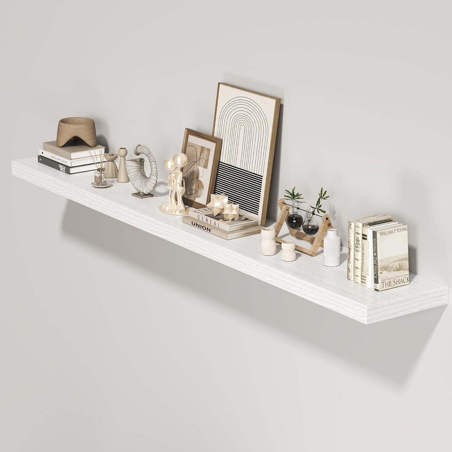 Floating Shelves for Wall, 72"W x 9.3"D x 1.5"H, Long Wooden Wall Mounted Display Shelves with Invisible Brackets for Living Room, Bedroom, Bathroom, Kitchen Decor and Storage, Set of 1, White
