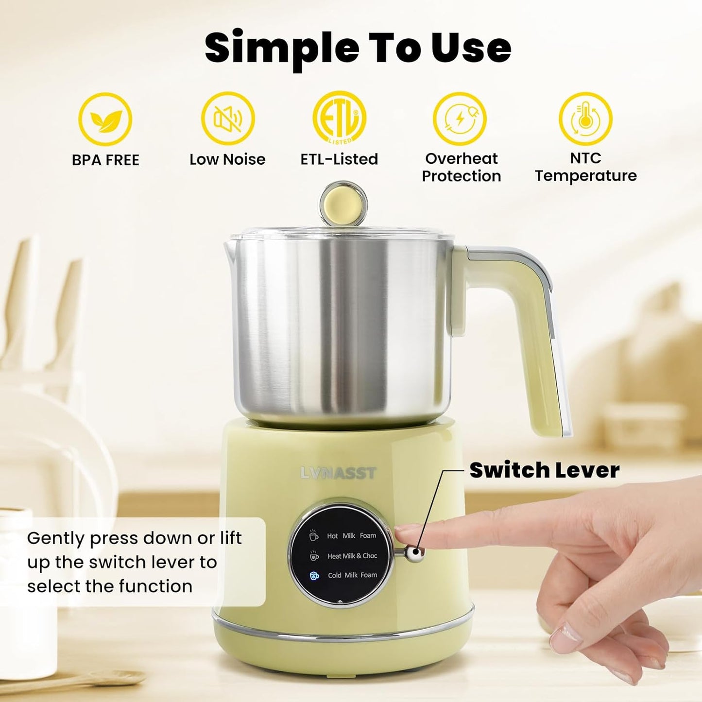 Stainless Steel Milk Frother and Steamer, 12oz Electric Milk Warmer & Foam Maker, 3in1 Hot Cold Frothing, Warm Thick Foam for Macchiatos, BPA Free