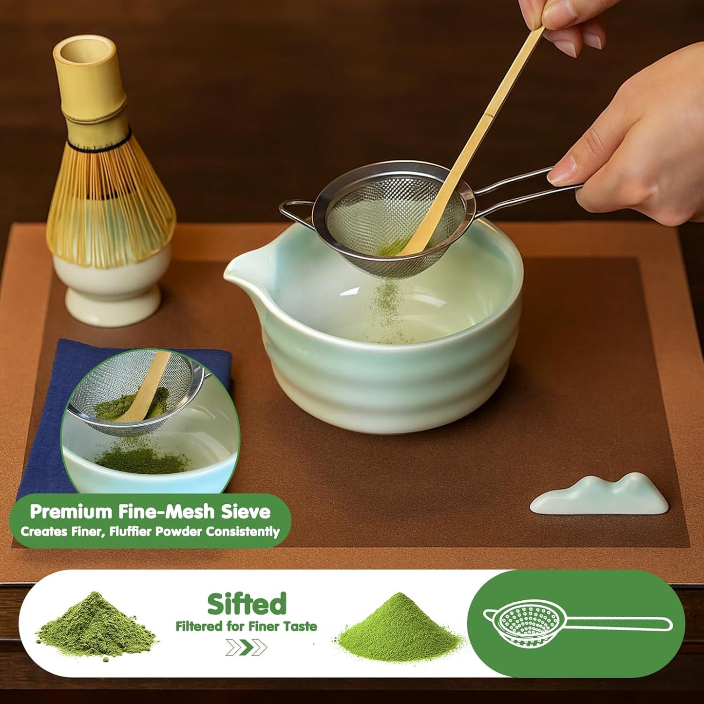 Matcha Whisk Set, 7 Pcs Ceramic Matcha Kit, Matcha Bowl with Spout, Matcha Whisk, Holder, Stainless Sifter, Bamboo Scoop and Tea Towel, Matcha Gift Set for Matcha Tea Lovers