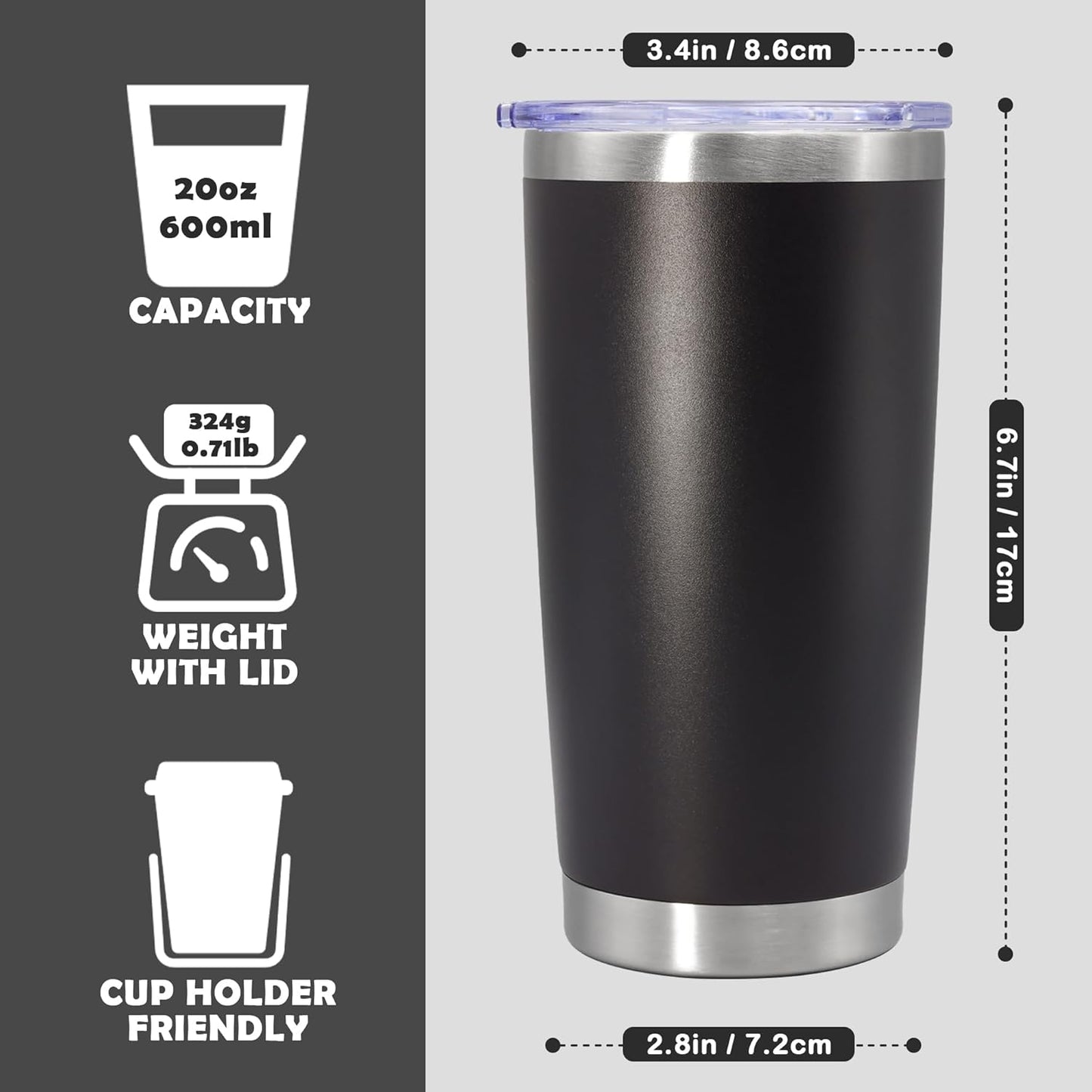 20oz Tumbler Stainless Steel Tumbler Cup with Lid Vacuum Insulated Double Wall Travel Mug, Durable Powder Coated Travel Coffee Tumbler Mug for Hot & Cold Drinks, Black,1 Pack