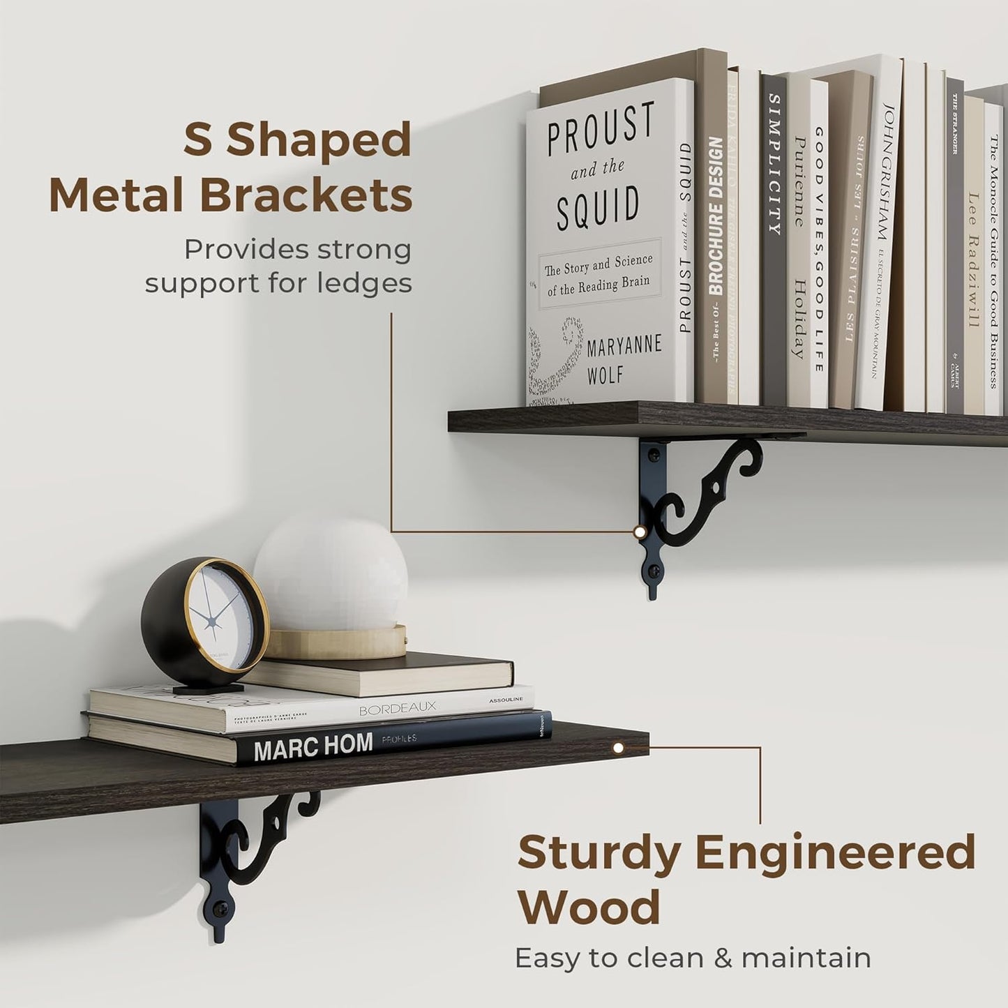 RICHFOCUS Floating Shelves for Wall Decor, 39.4W x 8D Wall Shelves Set of 2, 8 Inch Deep Rustic Wood Shelves Wall Mounted with Brackets, Long Floating Shelves for Living Room Bedroom Kitchen, Black