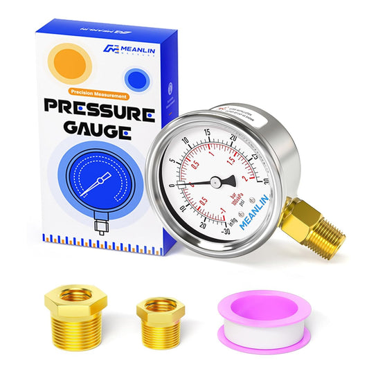 MEANLIN MEASURE -30inHG~30Psi Vacuum Gauge Stainless Steel 1/4" NPT 2" FACE DIAL Waterproof for Air Compressor HVAC Negative Pressure Hand Pump Pool Lower Mount, with 1/2" NPT and 3/8" NPT Hex Bushing