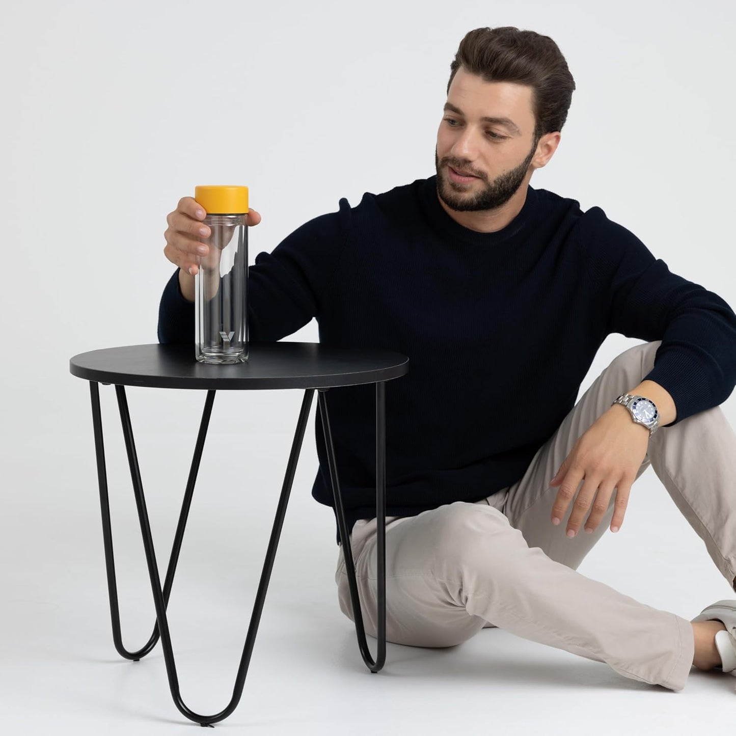 Glass Multi Tea Infuser Bottle 14oz - Double Wall Borosilicate Glass Flask | No Plastic Touches Contents | Perfect for Office or Home - Yellow