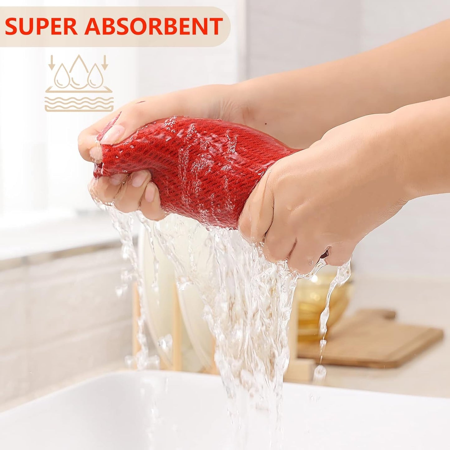 Kitinjoy 100% Cotton Waffle Weave Kitchen Towels, 4-Pack Super Soft and Absorbent Dish Towels for Drying Dishes, Kitchen Hand Towels, 13 in x 28 in, Brick Red