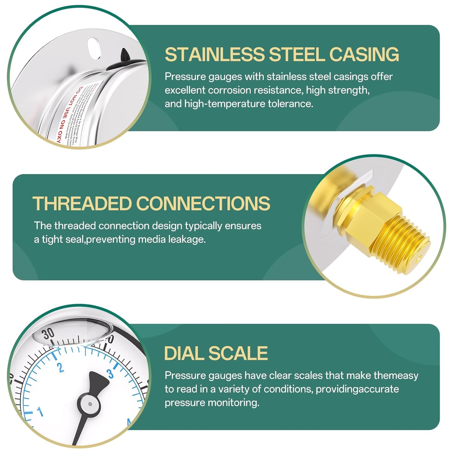 0-60PSI Panel Mount Front Flanged Glycerin Filled Pressure Gauge, 2.5" Dial Size, 1/4" MNPT Back Mount, Stainless Steel Case, with Phillips Screw and Nut, for Water, Gas, Liquid Pressure