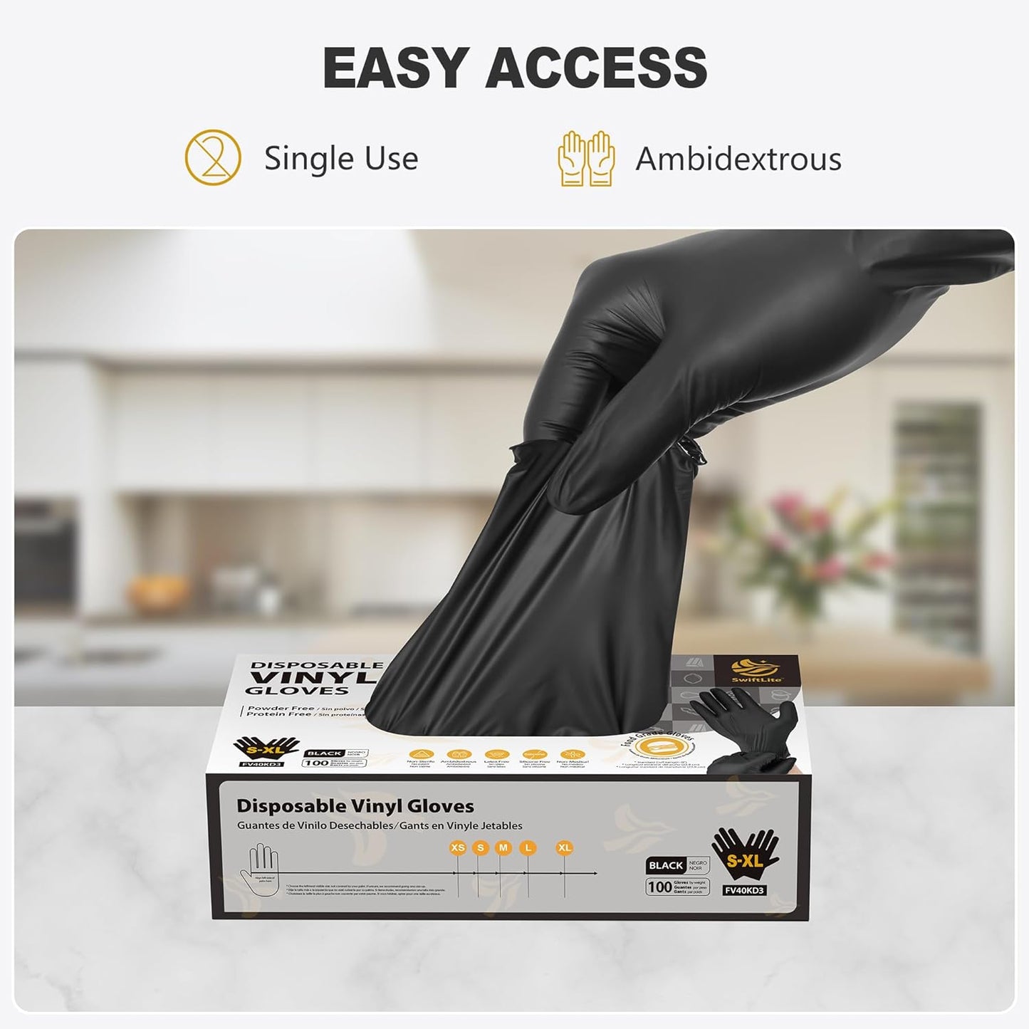 Black Vinyl Gloves, Food Grade Gloves Disposable Latex Free & Powder Free, Guantes for Cleaning Cooking Food Prep
