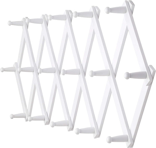 Dseap Accordian Wall Hanger: 16” High Wooden Wall Expandable Coat Rack, Hat Rack Holder, Accordion Hook for Baseball Caps, Coats, Mugs, 16 Peg Hooks, White