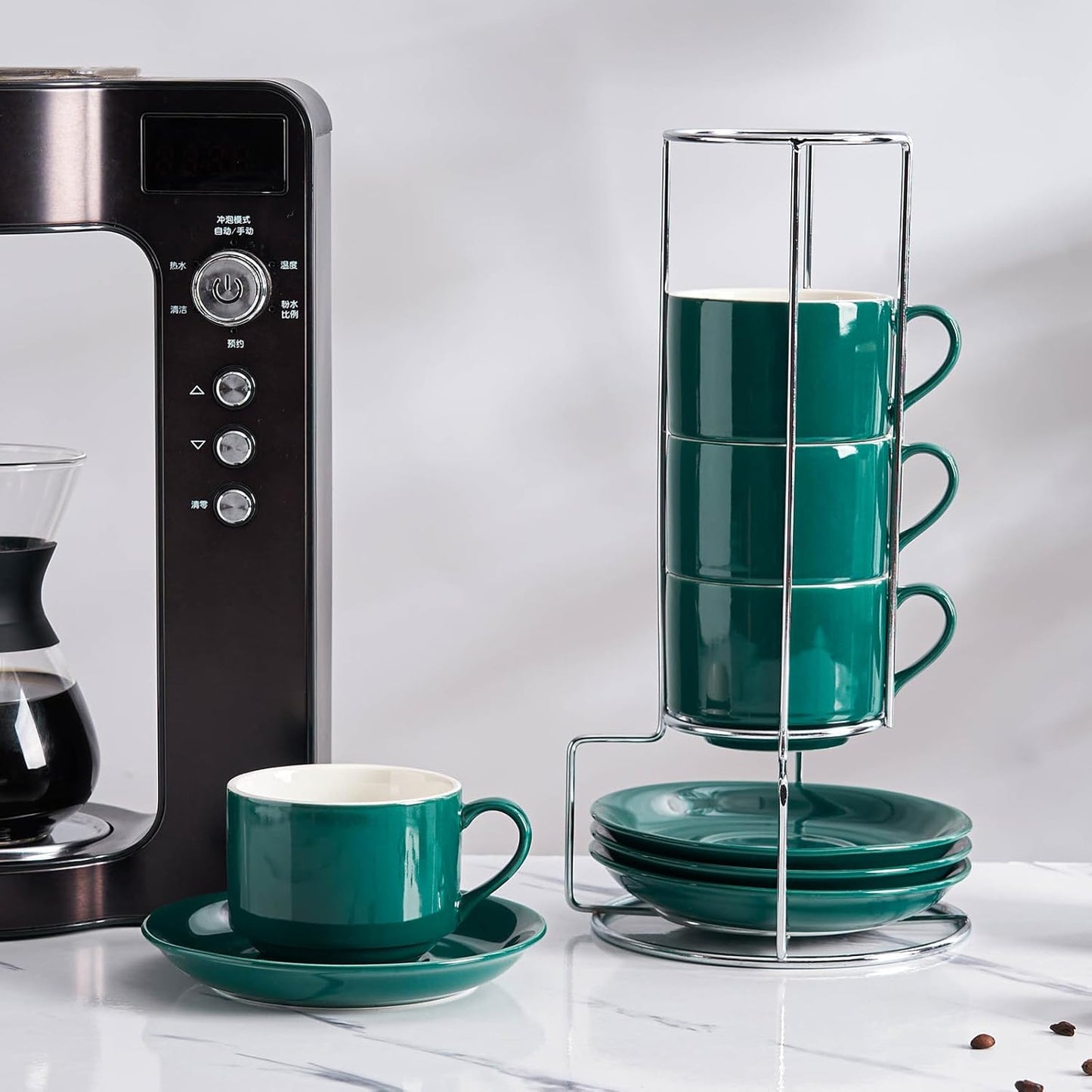 8 Ounce Porcelain Cappuccino Cups with Saucers and Silver Stand, Green Cups Set of 4