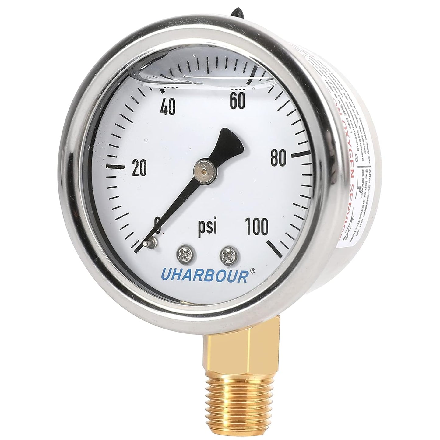 Liquid Filled Fuel Pressure Gauge with 2" Dial and 304 Stainless Steel case, 0-100Psi, 2% Accuracy, 1/4" NPT Center Lower Mount