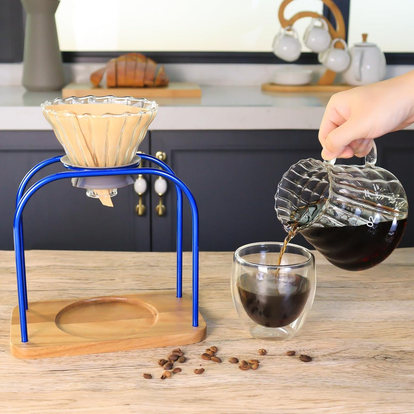 SOTECH Pour on coffee drips, filter Wooden stand Glass sharing pot with paper filter, coffee, tea and saffron set (blove)