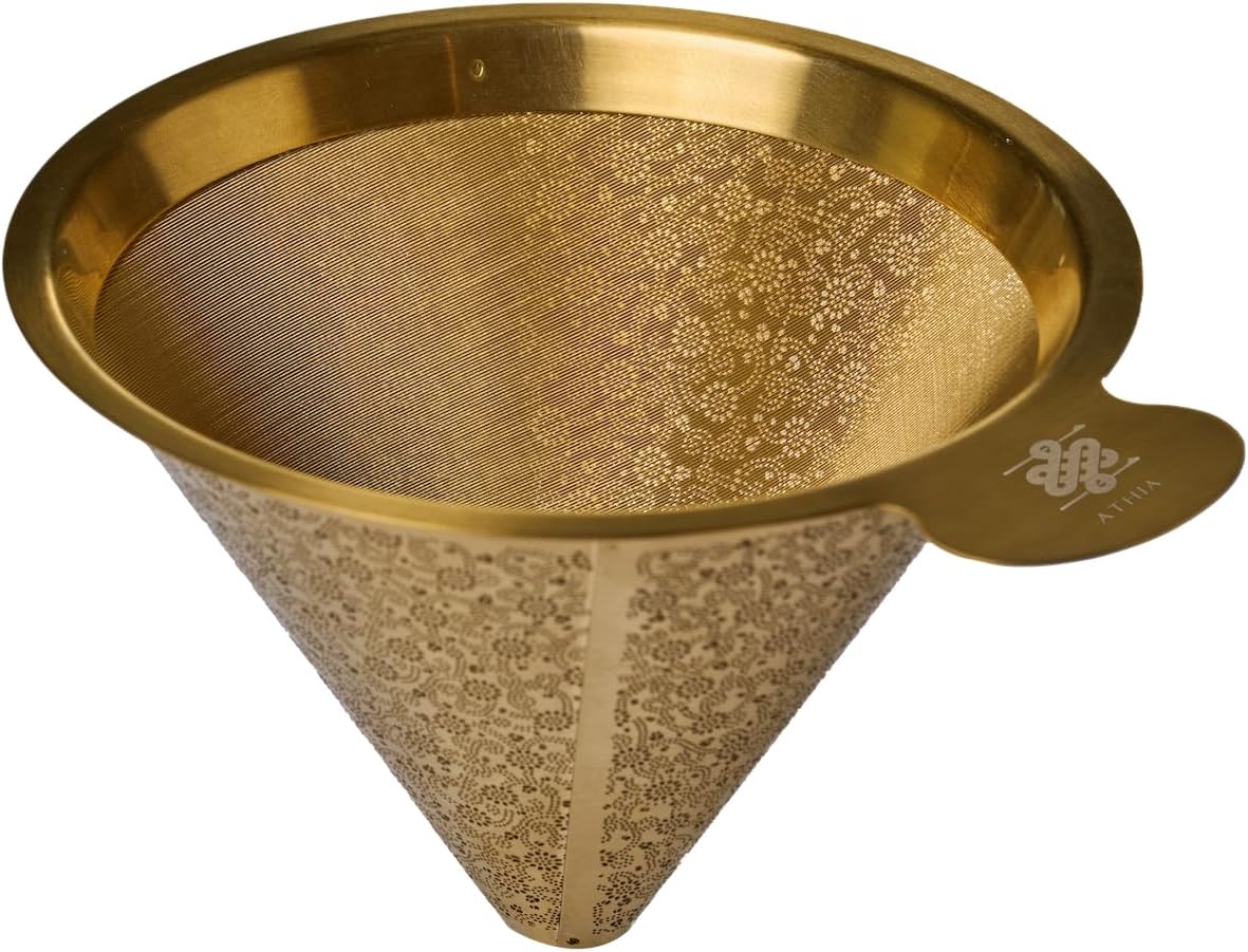 ATHIA Golden Reusable Stainless Steel Pour Over Coffee Dripper, Laser Etched Double Mesh Cone Filter, Paperless, Eco-friendly, Fits Hario, Chemex, carafes & most coffee makers (Golden, Cone Shape)