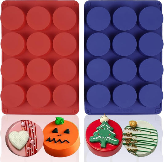 Round Chocolate Cookie Silicone Molds, New Size 12-Cavity Cylinder Chocolate Cover Cookie Silicone Molds for Candy Mini Cakes Jelly Baking (Red Blue)