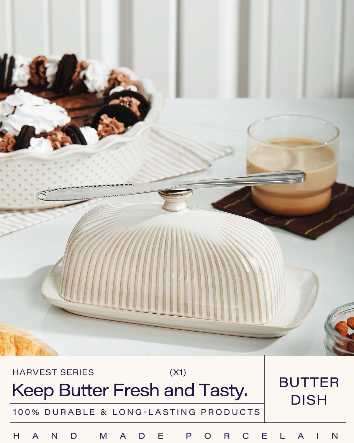 Getstar Ceramic Butter Dish with Lid and Stainless Steel Knife for Countertop, with Magnet to Attract Knife, Fit both West East Coast Butter