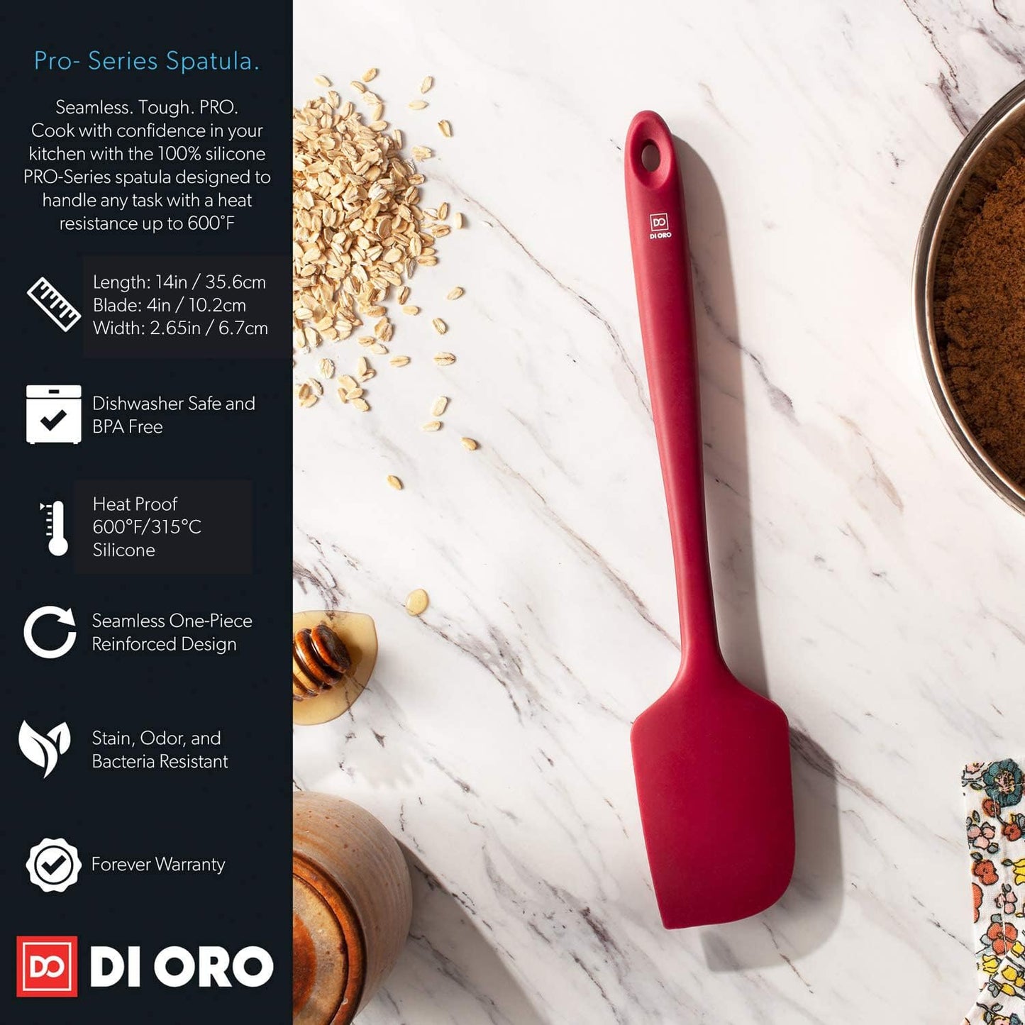 DI ORO Seamless Series Pro 14 Inch Extra Large Silicone Spatula - 600°F Heat-Resistant Rubber Spatula - Great for Baking, Cooking, and Scraping - BPA Free and LFGB Certified Food Safe Silicone (Red)