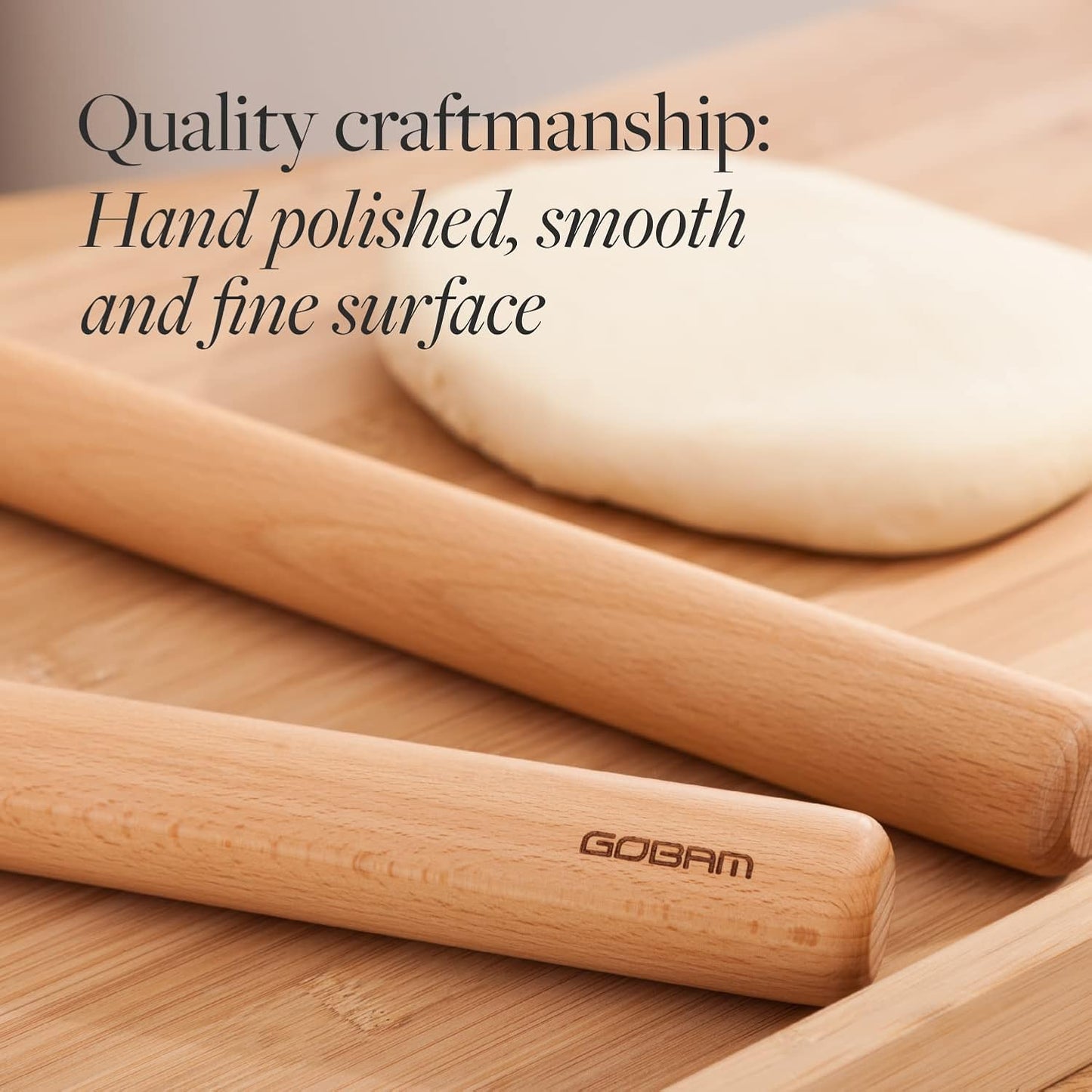 GOBAM Wood Rolling Pin, Medium - Dough Roller for Pasta, Cookies, Pie, Pizza, Chapati, Fondant, Rolling Pins for Baking, Bread Making Tools and Supplies - 13 x 1.38 Inches