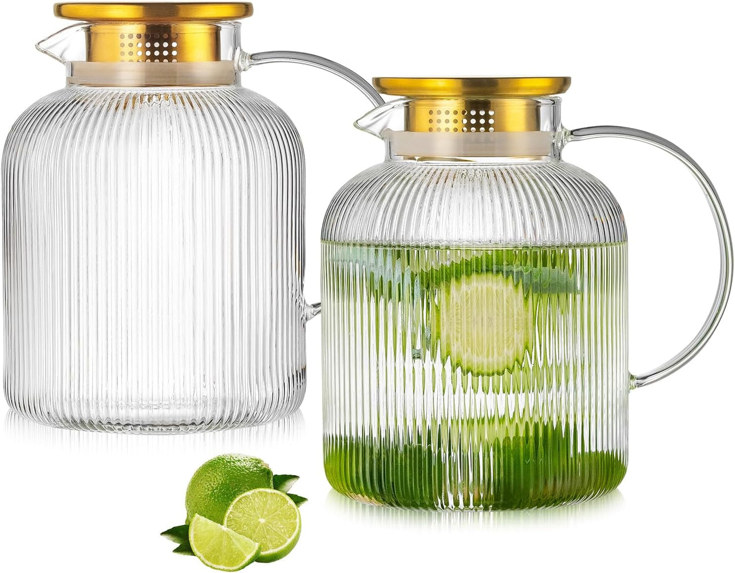 2 Liter 68 Ounces Glass Pitcher with Lid and Spout, Large Vertical Stripes Water Pitcher ribbed Borosilicate Glass Fridge Water Carafe for Cold Brew, Coffee, Lemonade, Sun Tea,Heat Resistant