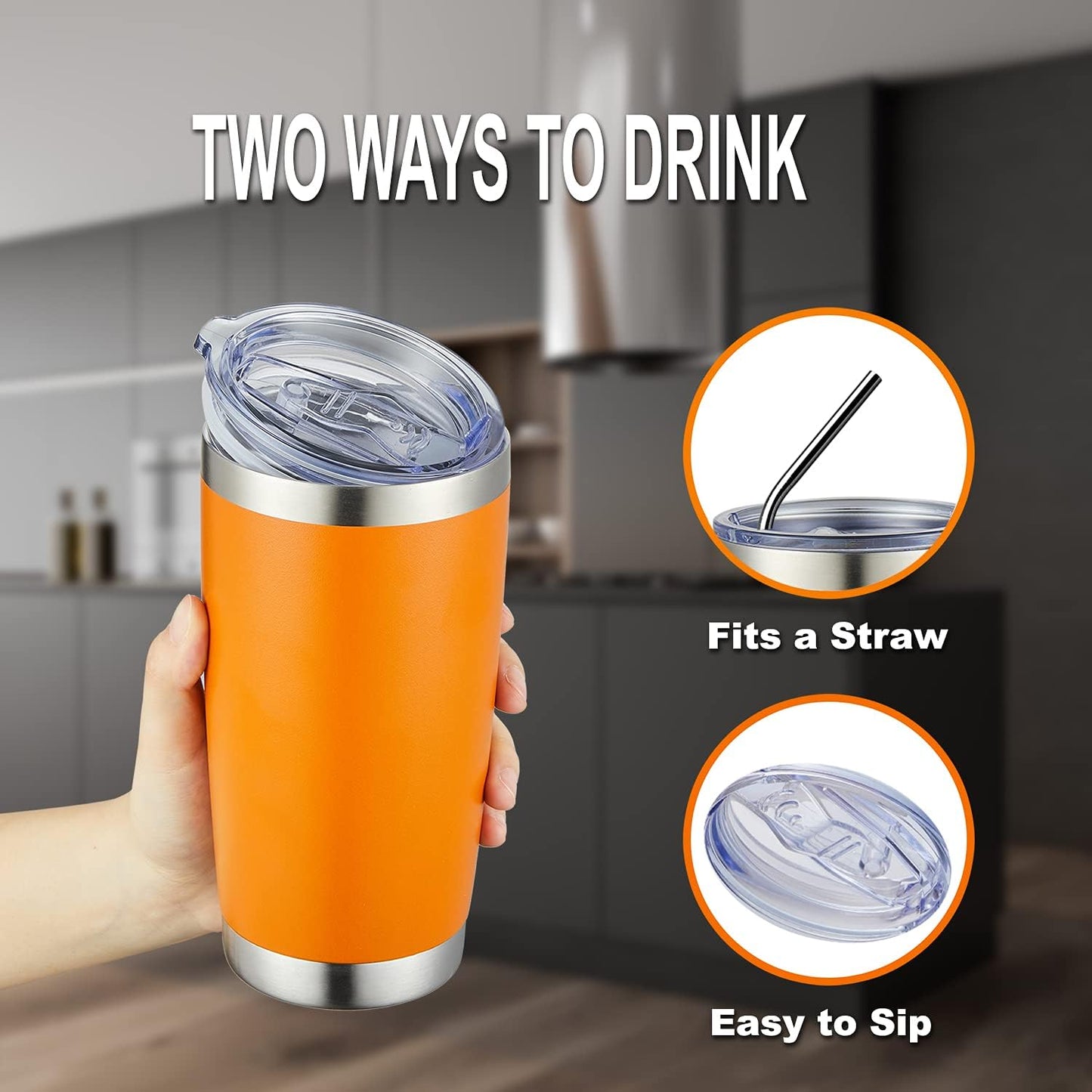 COMOOO 20oz Double Wall Vacuum Insulated Travel Mug, Stainless Steel Tumbler with Lid and Straw Durable Powder Coated Insulated Coffee Cup for Cold & Hot Drinks（Orange, 1 Pack）