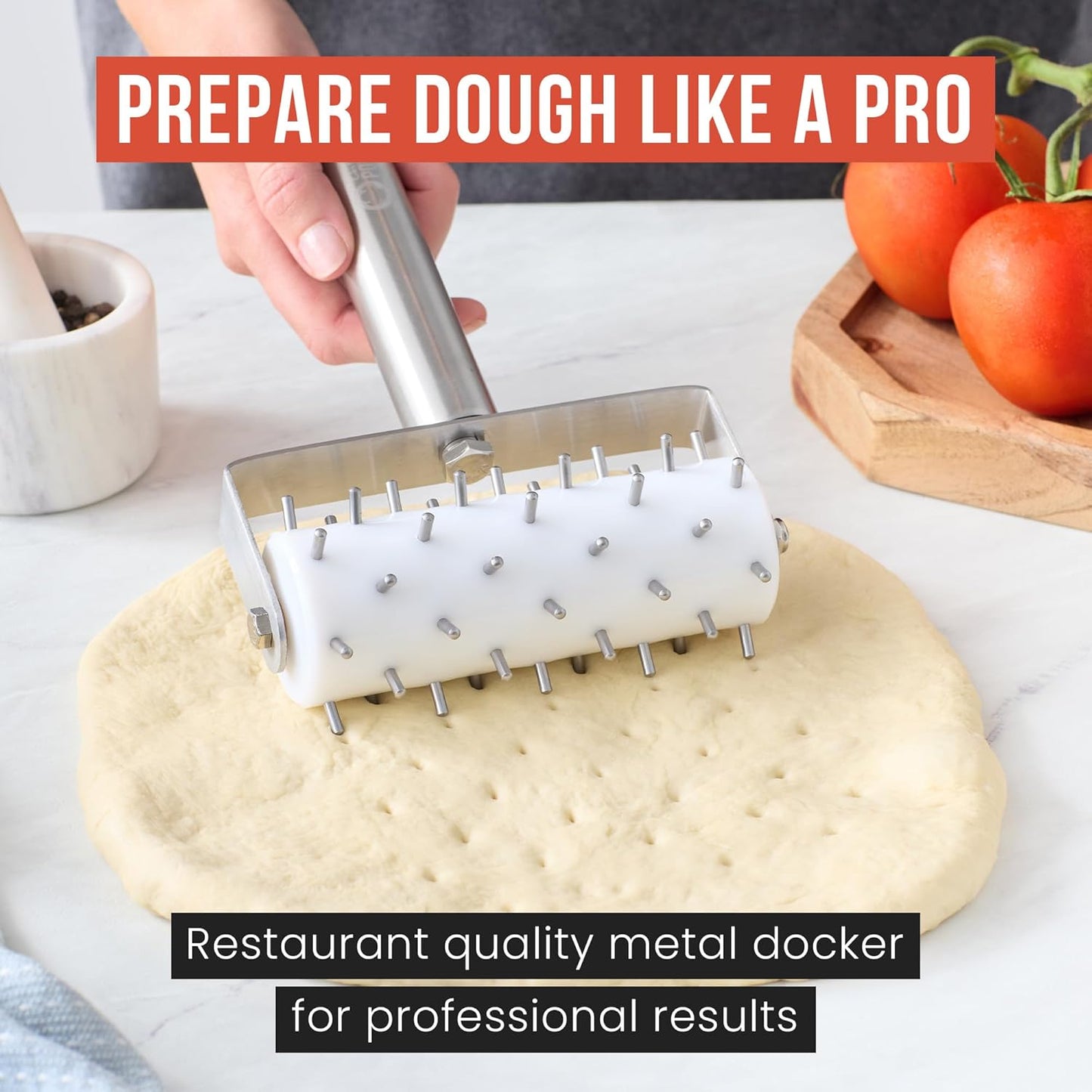 Chef Pomodoro Stainless Steel Pizza Dough Docker Roller (21 x 14.5 cm, Spike Length 7 mm) - Essential Kitchen Tool for Crackers Chef Pomodoro Stainless Steel Pizza Dough Roller