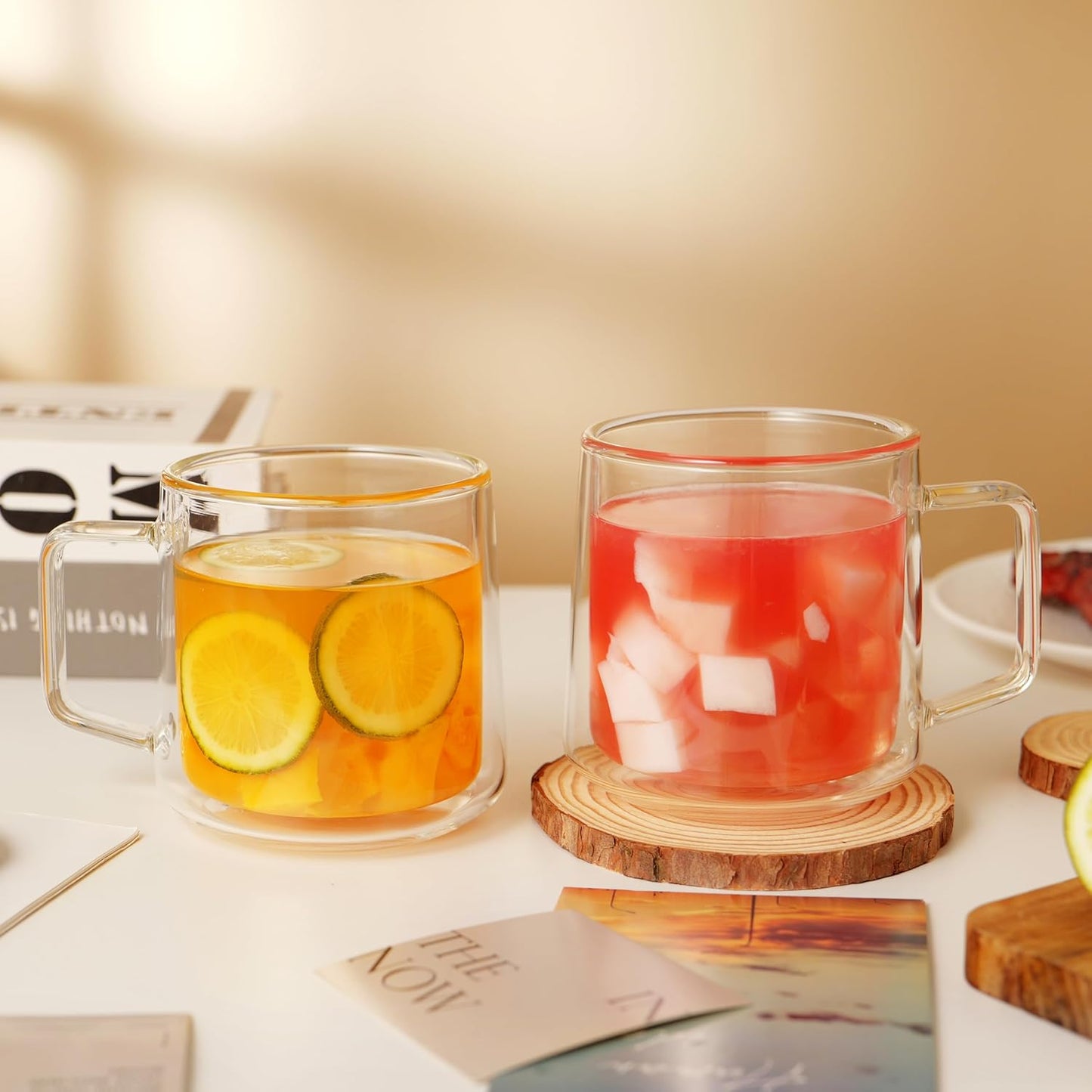 CNGLASS 15oz(4-pack) Double Walled Glass Coffee Mugs,Large Insulated Glass Mugs with Handle,Clear Coffee Cups for Espresso,Latte,Cappuccino,Tea