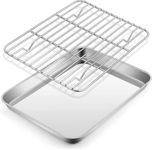 Metal Toaster Oven Tray Set, E-far 10.5”x8.3” Small Stainless Steel Baking Pan with Wire Rack for Cooking Broiling, Rimmed Metal Sheet for Roasting Cooling Cookie Bacon Steak
