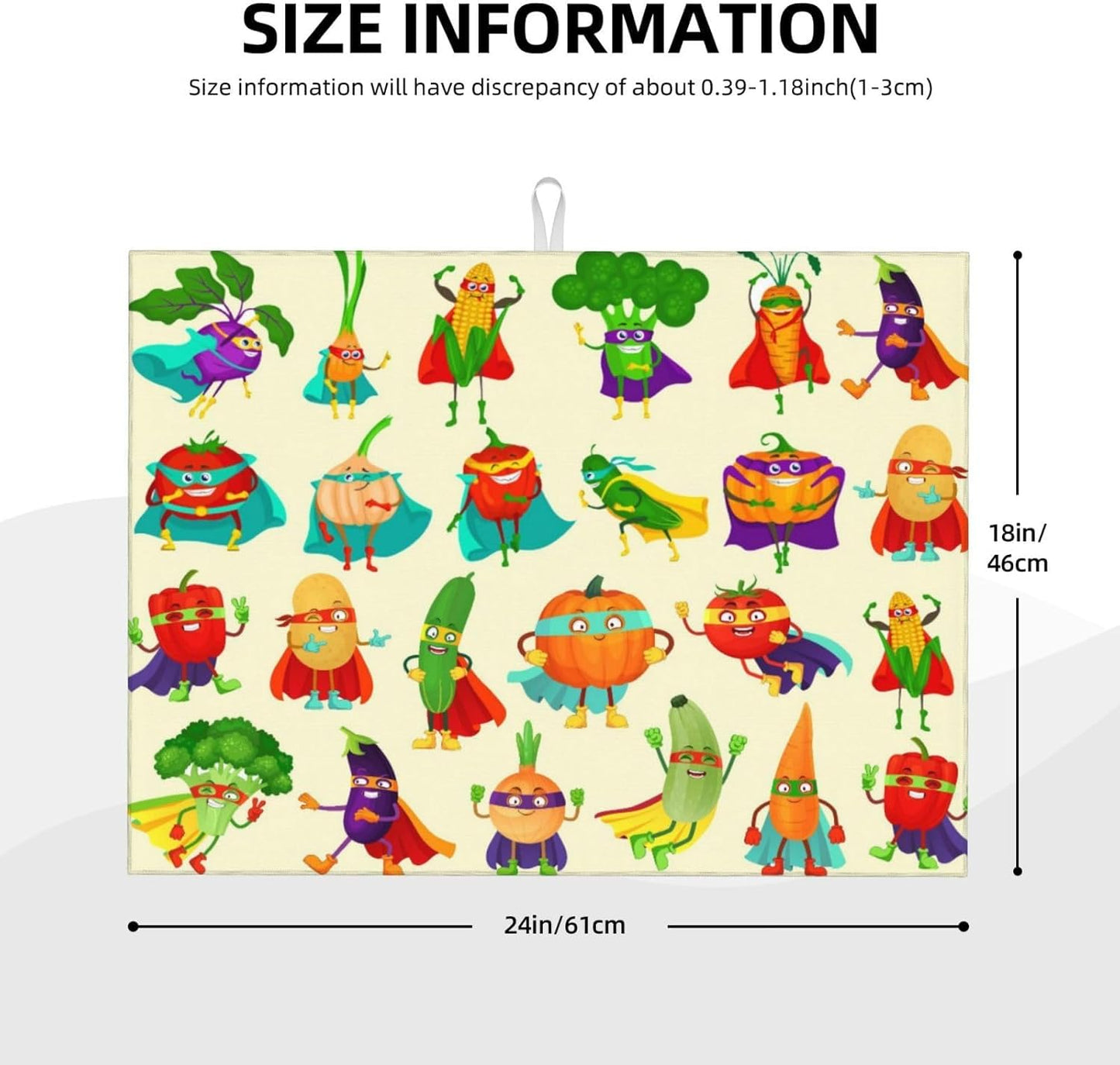 Colorful Cartoon Vegetable Dish Drying Mats, 18 x 24 inch Absorbent Microfiber Decorative Kitchen Counter Mats, Polyester, Washable, Absorption, Foldable, for Sink, Dishes Utensils, Small Appliances