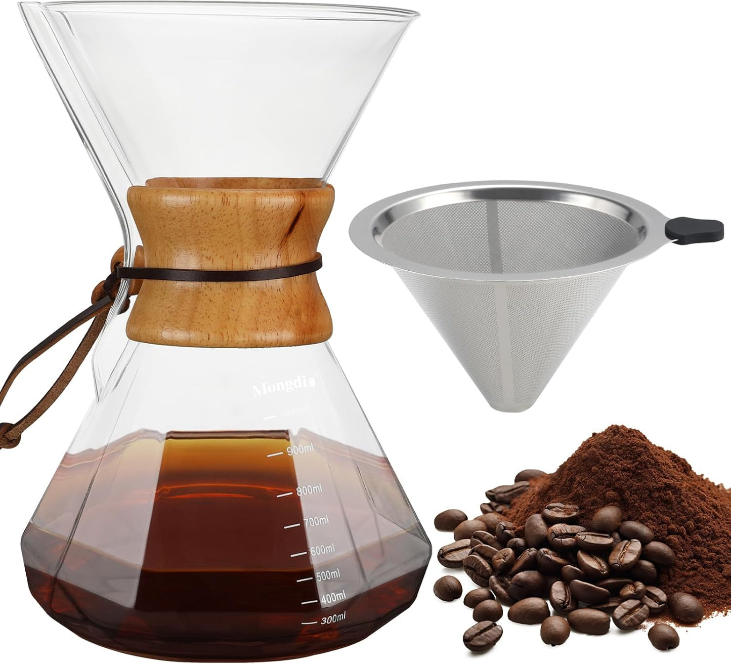 Mongdio 34oz/1000ml Pour Over Coffee Maker with Reusable Stainless Steel Filter and Wooden Collar Holder, 6-8 Cups Borosilicate Glass Coffee Maker for Camping Home, Clear