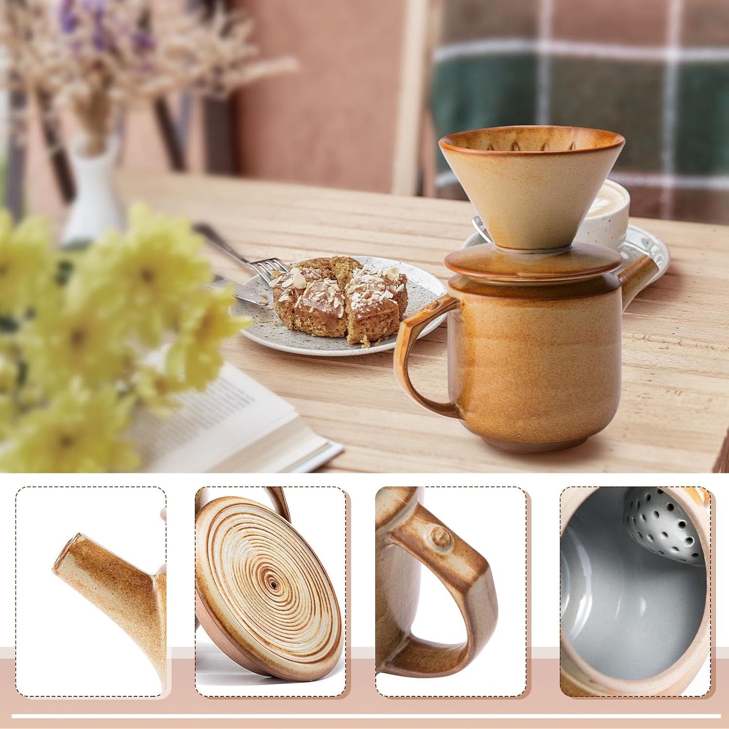 AZYM Pour Over Coffee Maker Set,with Lid and V60 Paper Coffee Fliters 20 Counts,High Heat Resistant Vintage Coffee Carafe Dripper Set for Home Café Restaurant Camping Hiking(Yellow)