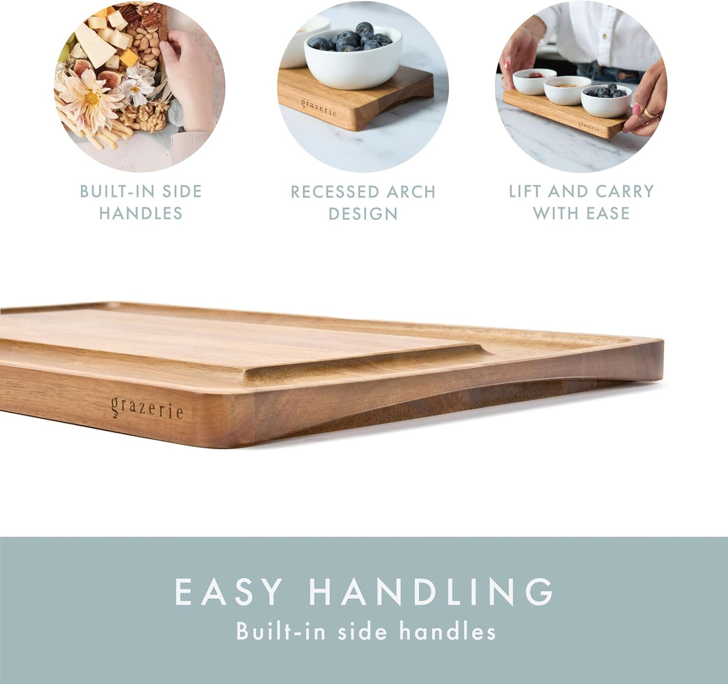 Charcuterie Board - Acacia Cheese Board with Grooves & Built-in Handles, Snack Tray for Vegetables, Fruits, Meat, Nuts - Decorative Wooden Serving Tray for Kitchen House Warming Gift