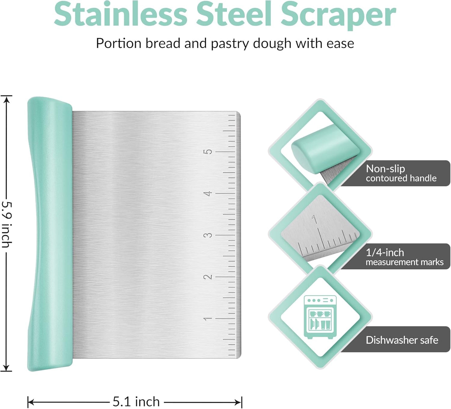 Rainspire Bench Scraper, Stainless Steel Dough Scraper, Pastry Scraper, Pizza and Dough Cutter Multi-Purpose Scraper/Chopper, Pizza Cutter Food Chopper Baking Supplies Kitchen Gadgets, Mint Green