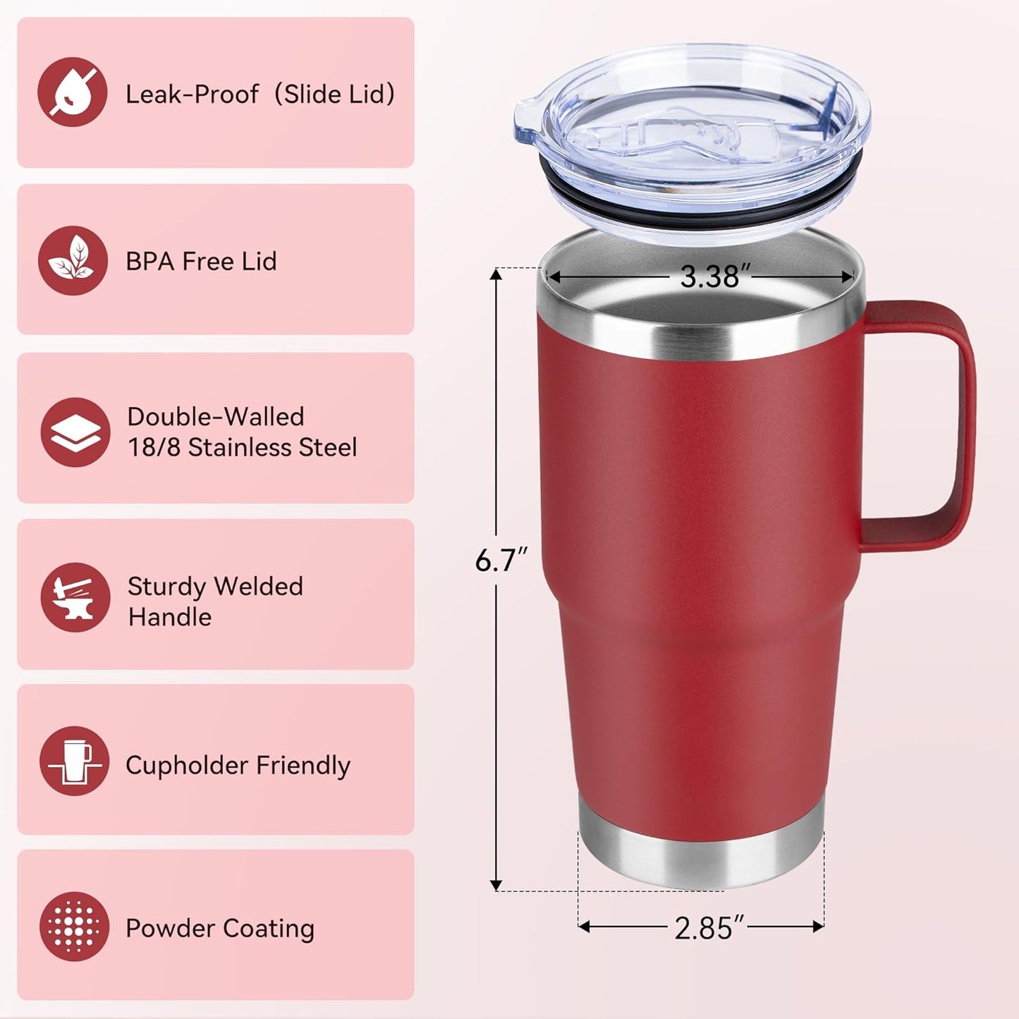 HASLE OUTFITTERS 20oz Tumbler with Lid, Stainless Steel Tumbler with Handle, Metal Insulated Travel Coffee Mug with Handle, Double Wall Vacuum Spill Proof Tumbler Cup, Red 1 Pack