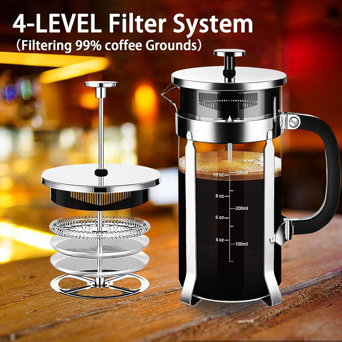 French Press Coffee Maker 304 Stainless Steel Coffee Press,with 4 Filters System, Heat Resistant Thickness Borosilicate French Press Glass, BPA-Free Brewed Tea Pot Coffee Plunger(Copper 12oz)