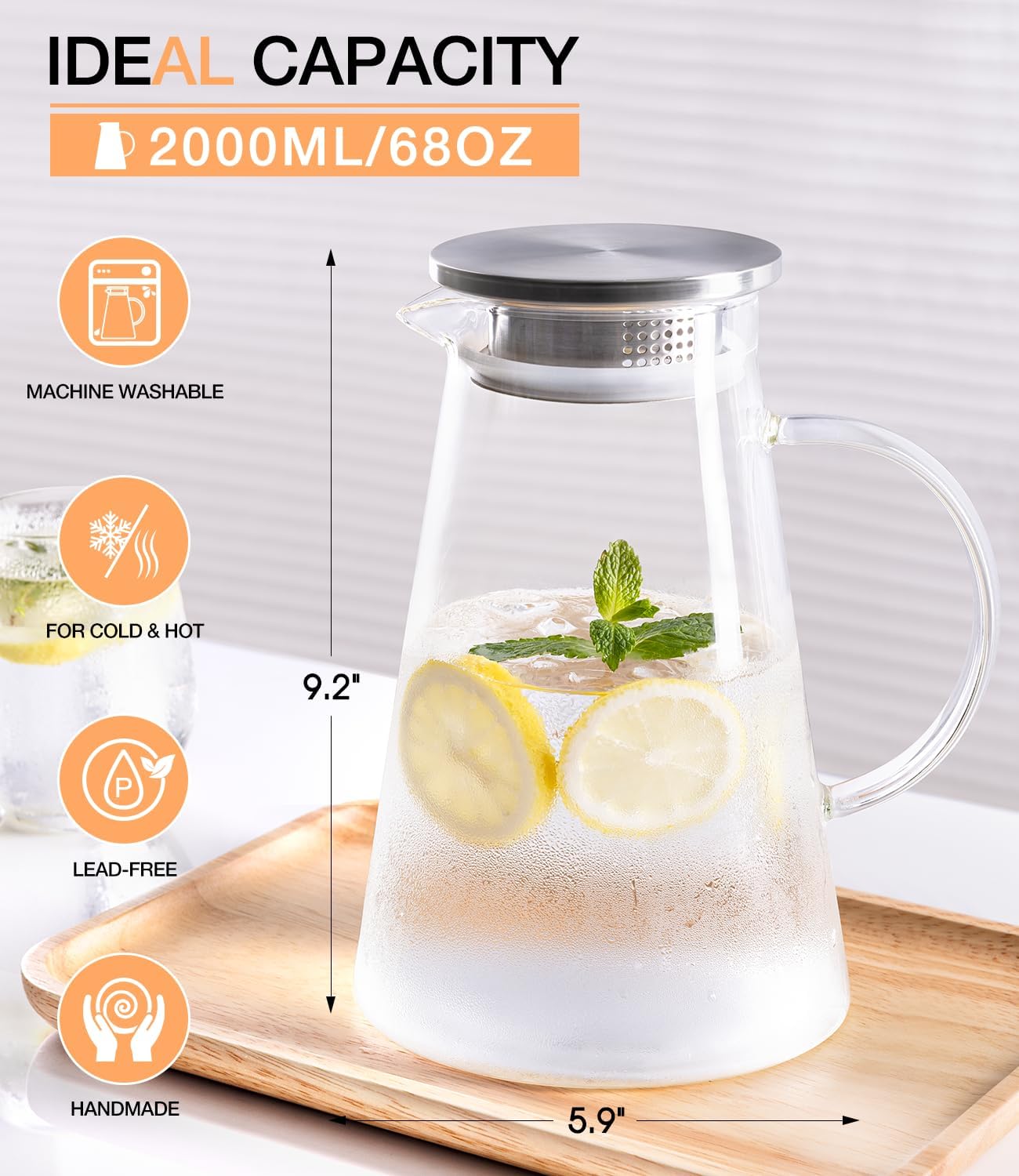Glass Pitcher with Lid and Handle, 2 Liter 68oz Water Pitcher with Spout for Fridge, Borosilicate Glass Jug for Hot/Cold Drink, Large Ice Tea Carafe for Juice, Coffee, Sangria, Beverage
