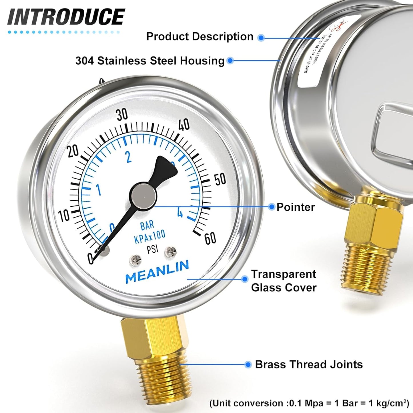 MEANLIN MEASURE 0~60Psi Dry Pressure Gauge Stainless Steel 1/4" NPT 2" FACE DIAL Waterproof for Pool Filter Pump Oil Air Compressor Tire Pressure Tester Lower Mount with 1/2" NPT and 3/8" NPT Hex Bush